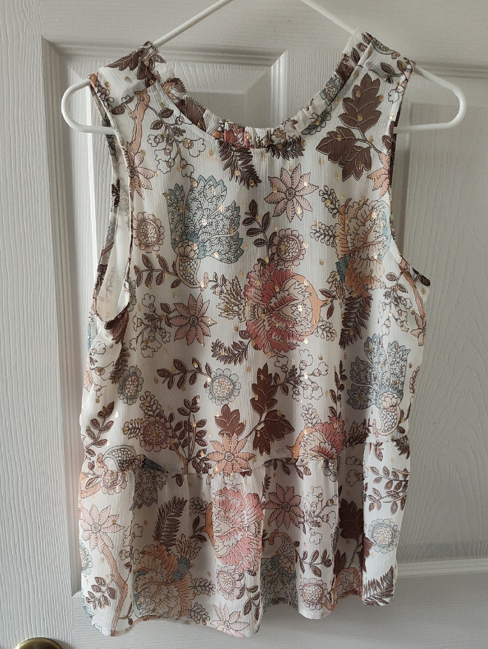 LOFT Floral Ruffle-Hem Sleeveless Camisole in Cream, Brown, Pink and Blue